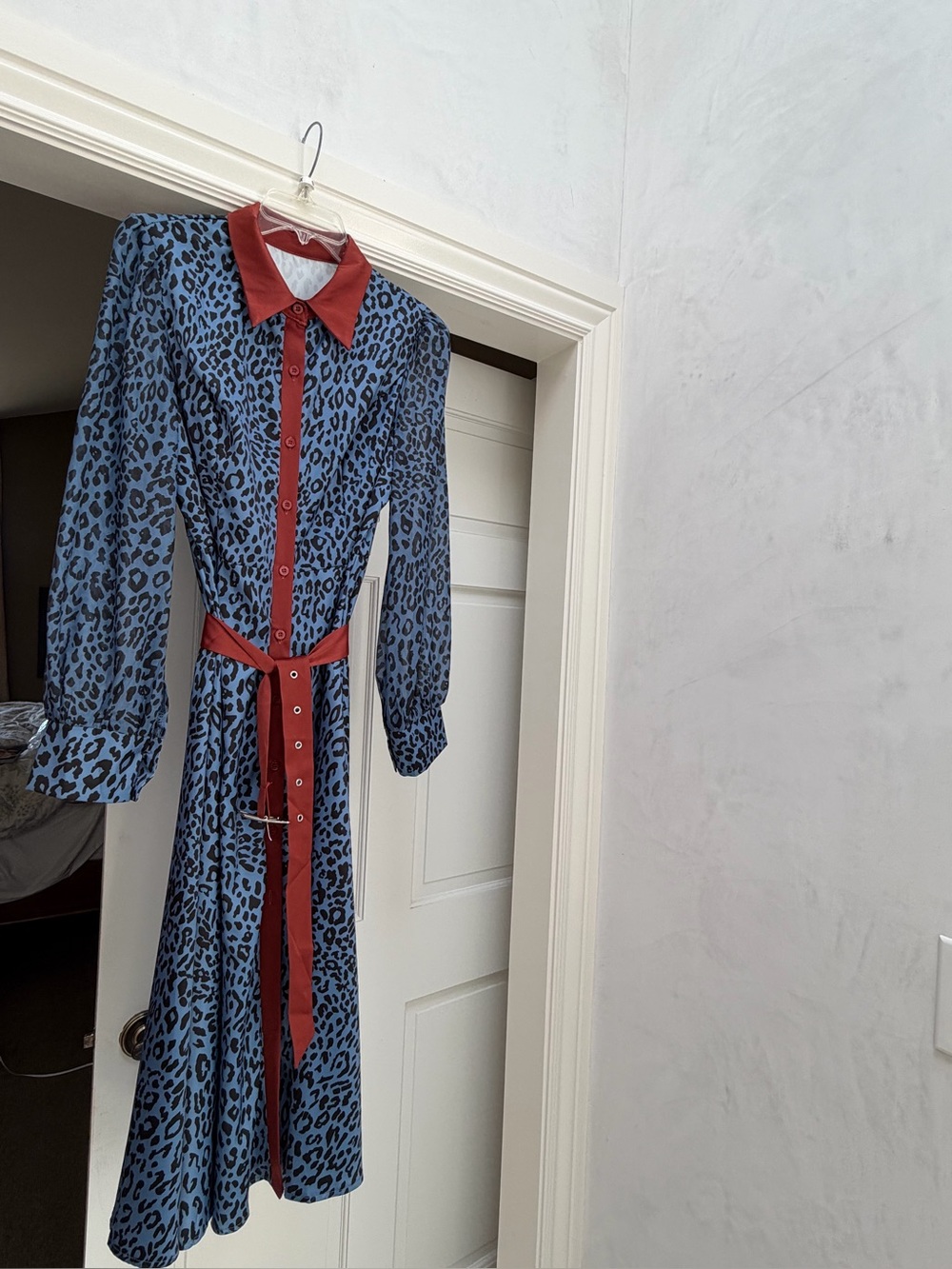 Blue Leopard Print Button-Front Midi Dress with Rust Trim